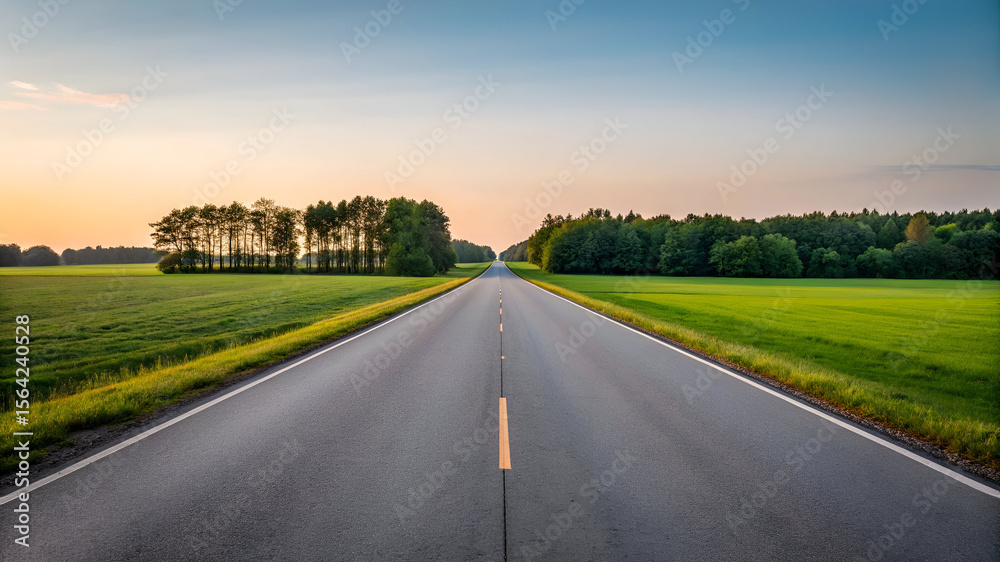 Fototapeta premium Scenic road through green fields at sunset