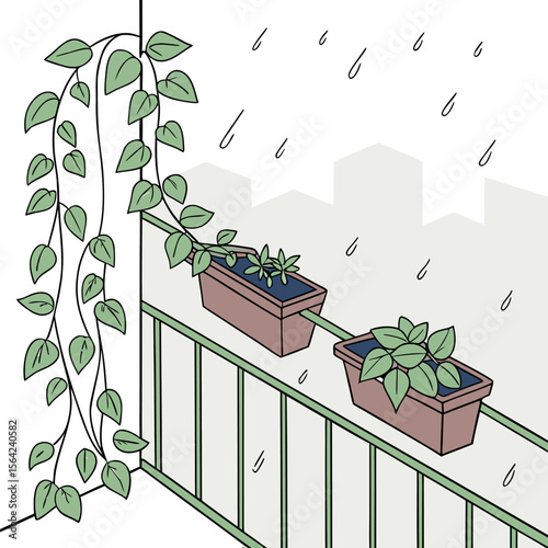 A lush green vine cascades down a corner balcony railing with two planters of young plants during a gentle rain shower against a city skyline