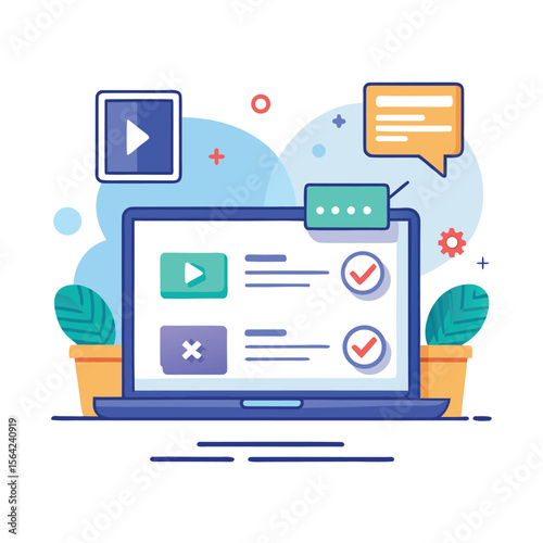 Online video course laptop screen with chat bubble and plant pot decorations