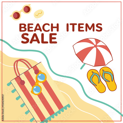 Summer beach items sale announcement with sunglasses towel flip flops and umbrella on sandy shoreline