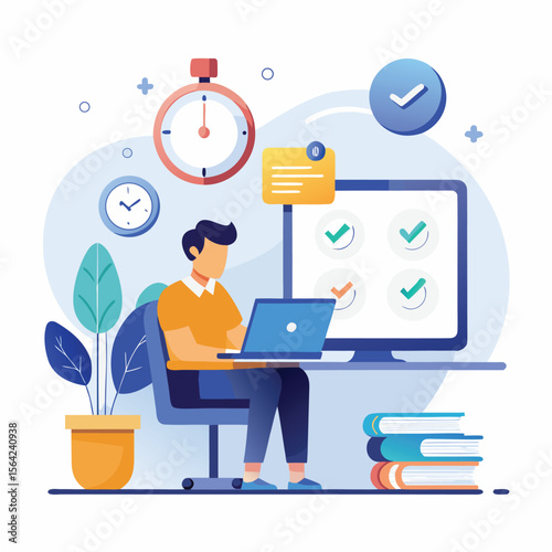 Remote worker completing tasks using a laptop with time management elements