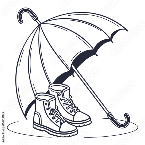 Stylized line art illustration of a pair of sturdy boots protected from the rain by an open umbrella on a wet surface