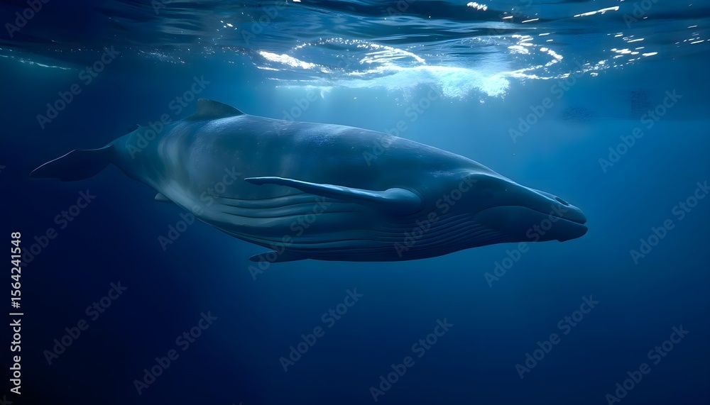 Naklejka premium Underside view of a humpback whale swimming gracefully through the ocean in a natural marine setting, showing body and fins under clear blue water
