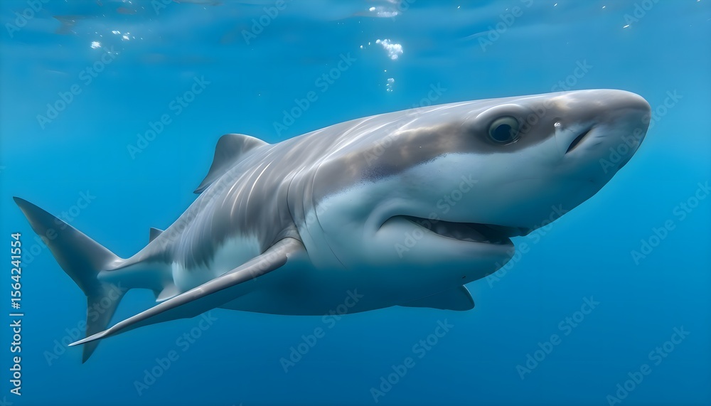 Obraz premium Shark gliding through the ocean water in a graceful and fluid motion, showing fins and body in a vibrant marine environment