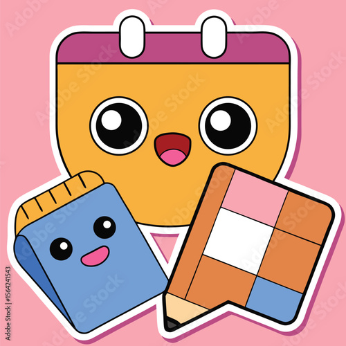 Cute Kawaii School Supplies Calendar Notebook and Pencil Fun Stationery Art