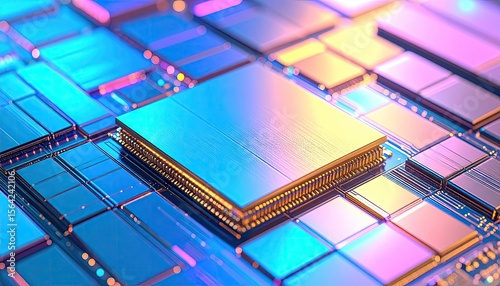 Close Up View Of A Microchip With Blue And Yellow Illumination And Complex Circuitry Detail