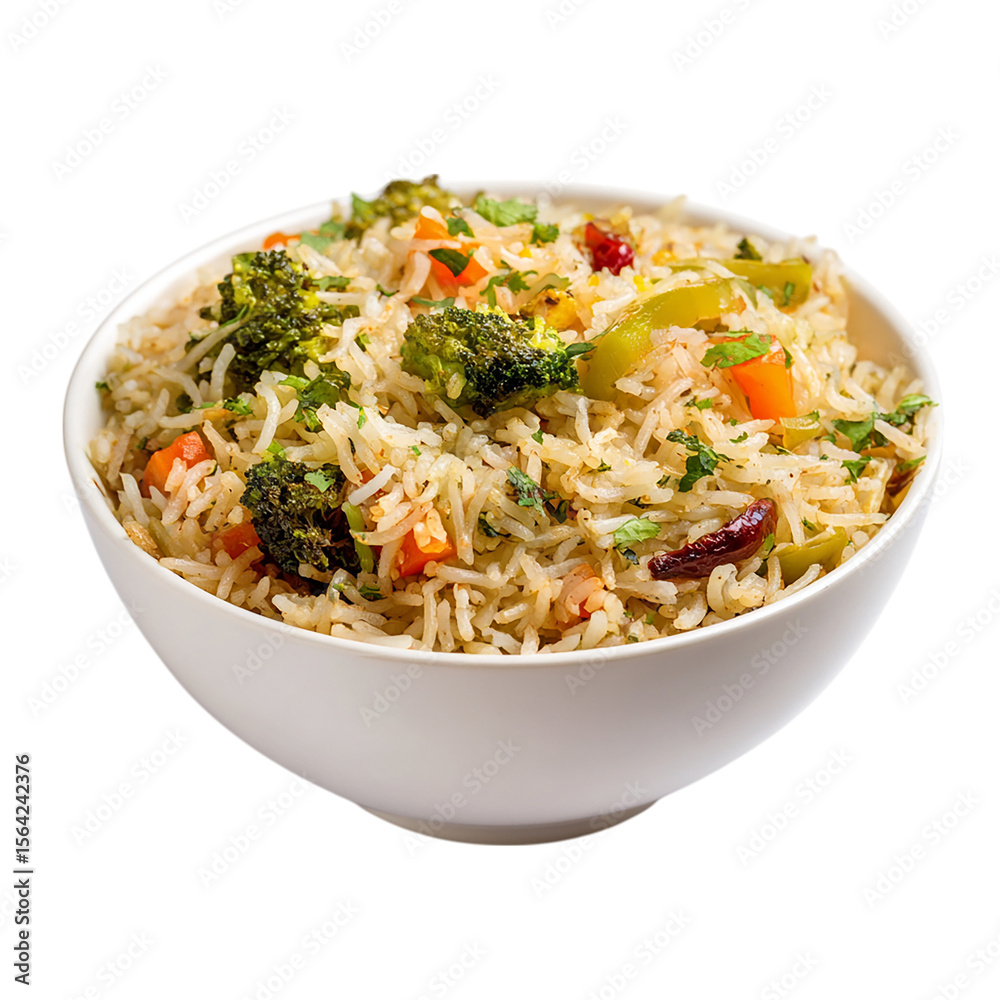 Vegetable Biryani on white bowl on transparent background Vegetable Biryani on white bowl on transparent background