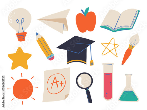Hand Drawn Education School Collection. A fun set of 14 hand drawn school themed elements including icons of books stars lab items and symbols of learning. Perfect for educational student graphics