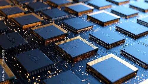 Close Up View of Computer Processor Chips on Circuit Board with Golden Highlights