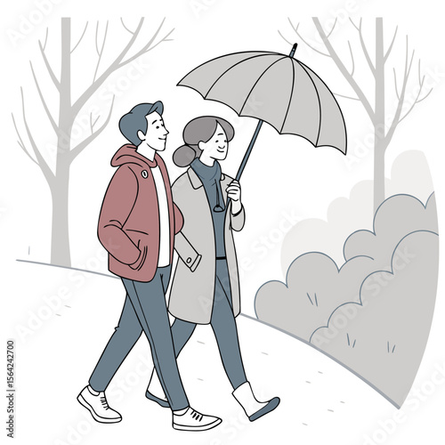 A couple walking together under an umbrella in a park with trees and bushes in a monochrome illustration