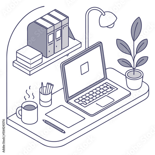 Isometric view of a desk with a laptop, plant, coffee, and office supplies in a minimalist style design