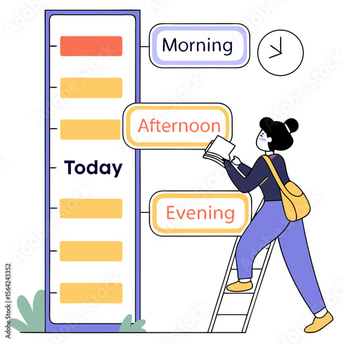 Woman climbing ladder to view schedule with morning afternoon and evening time slots and clock icon