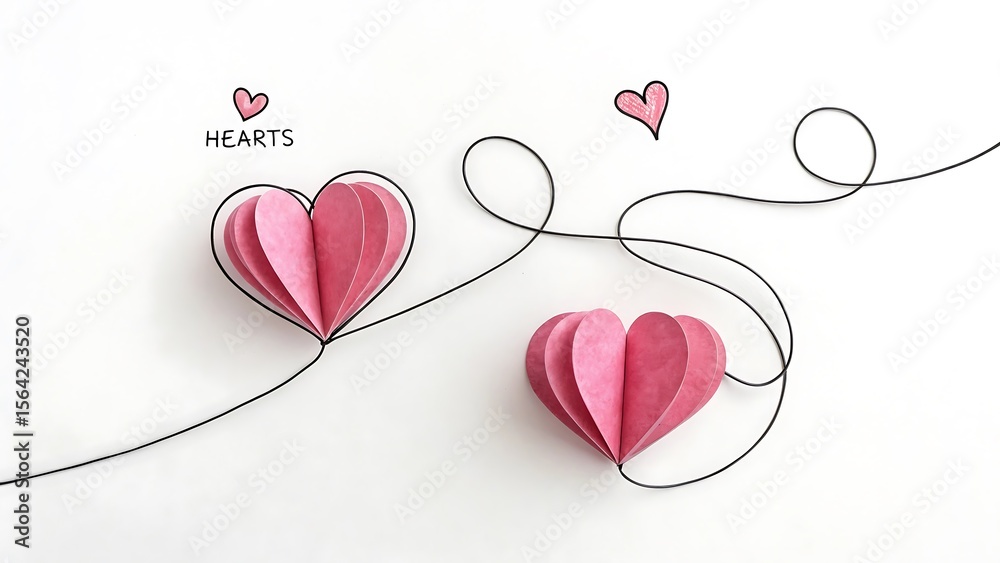 Fototapeta premium Continuous line heart shape border with realistic paper heart on white background for valentines, women, mother day greeting invitation graphic design