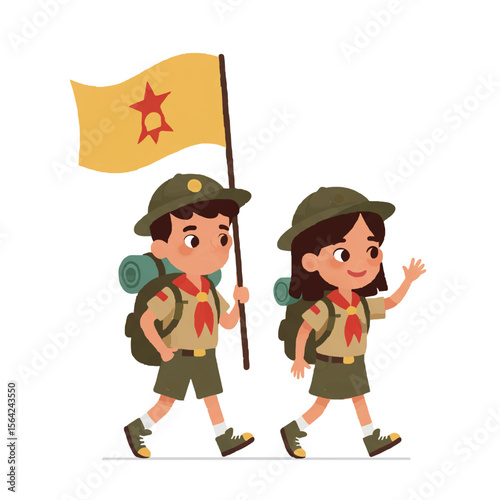 Cartoon Illustration of Two Scout Children Hiking with Flag and Backpacks