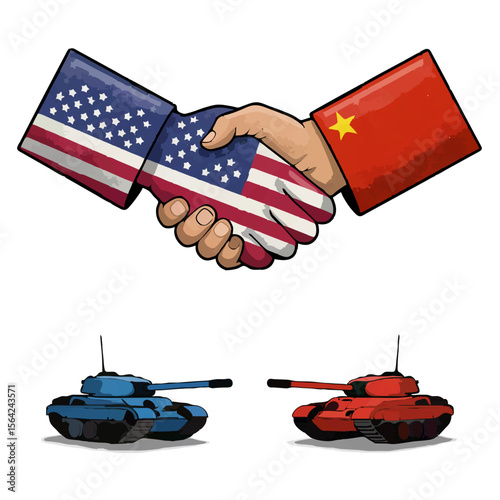 USA and China Handshake with Tanks Illustration Depicting Geopolitical Tension and Cooperation