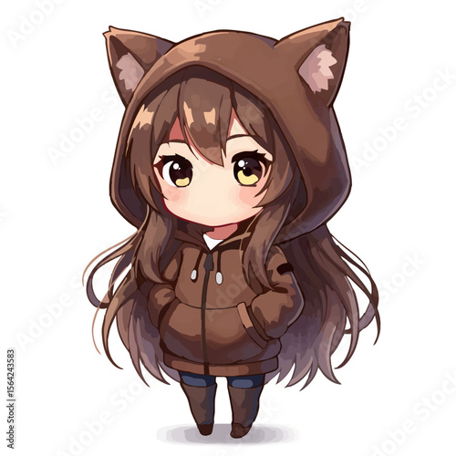 Cute Chibi Anime Girl with Cat Ears Hoodie Standing Isolated