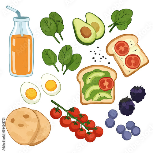 Healthy Food Ingredients and Dishes Illustration Set