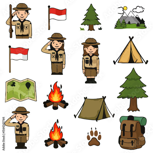 Scouting and Camping Outdoor Adventure Illustration Set