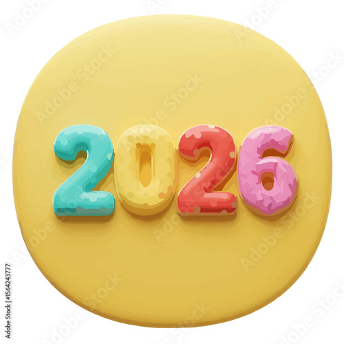 2026 Year Title in Cute and Colorful 3D Style. Donut and Polka Dot Numbers on Yellow Background.