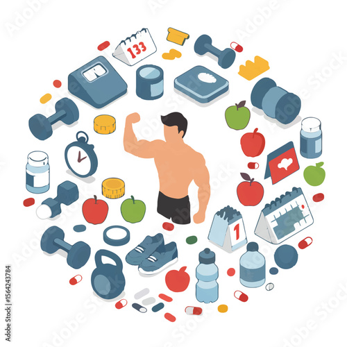 Isometric Fitness and Healthy Lifestyle Elements Circle Illustration