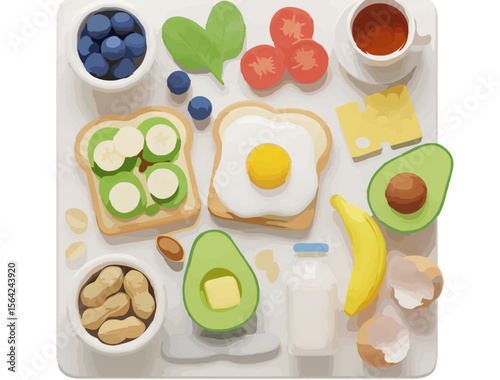 Variety of Healthy Breakfast Food Arrangement, Top View 3D Illustration