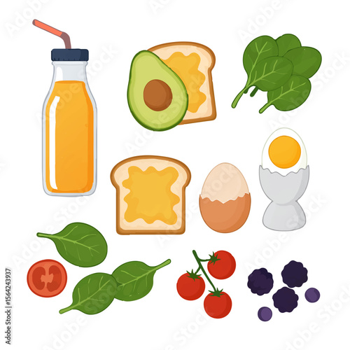Healthy Breakfast Elements Illustration - Set of Juice, Toast, Egg, Avocado, Spinach, Berries, Tomatoes on White Background