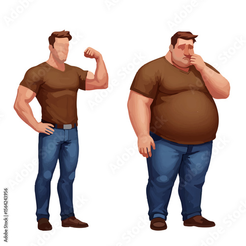 Body Transformation Illustration: Fit Muscular Man vs Overweight Unhealthy Man Comparison
