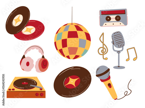 Doodle Style Retro Music Collection. A playful collection of retro music themed doodle illustrations including vinyl record, cassette tape, disco ball, microphone. Perfect for nostalgic audio projects
