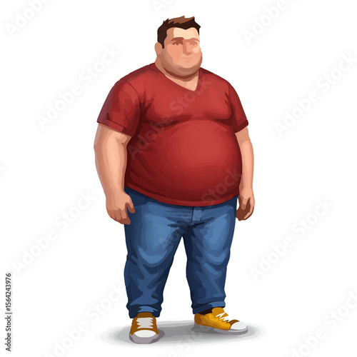Full Body Cartoon Illustration of an Overweight Man Standing in Casual Clothes