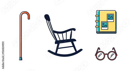 Vector old age retirement home essentials cane rocking chair photo album glasses vector illustration concept