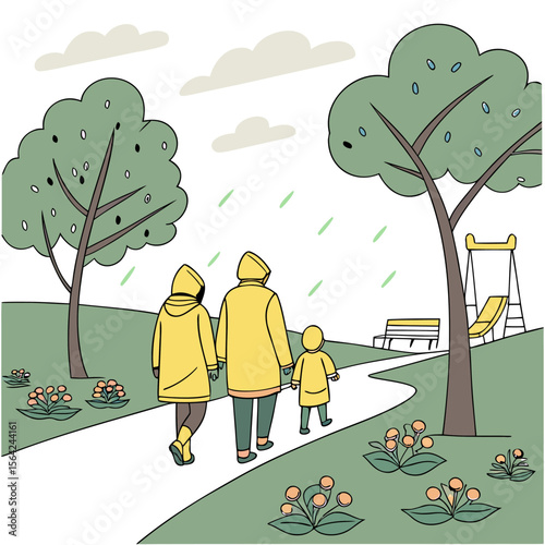 Family wearing yellow raincoats walking in a park with trees and flowers during a rainy day illustration