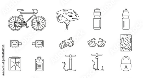 Vector outline bicycle accessories vector illustration including helmet water bottle pump lock pedals and glasses