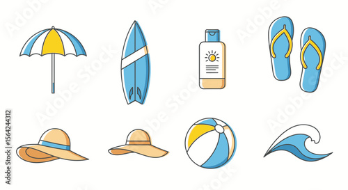 Vector beach vacation essentials vector illustration summer holiday accessories like surfboard and sun protection cream