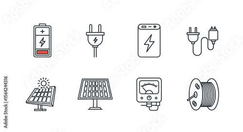 Vector stock vector illustration of renewable energy sources, solar panel, battery, plug, energy storage, meter, cable