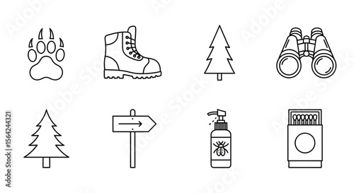 Vector outdoor adventure essentials: hiking boot, binoculars, compass, and camping gear vector line art icon set