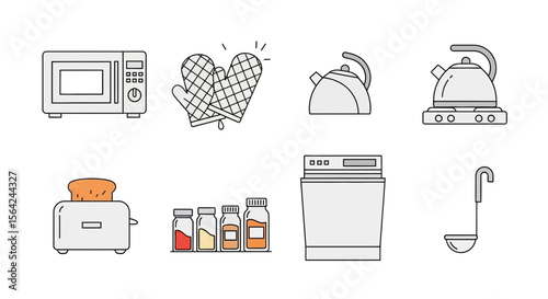 Vector kitchen appliances vector illustration microwave oven toaster kettle stove oven mitts jars and ladle design 100