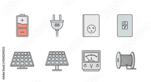 Vector renewable energy solutions: solar panels, battery, plug, outlet, switch, voltmeter, and cable reel icons
