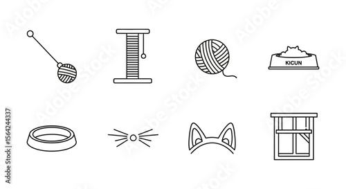 Vector cat supplies and accessories vector illustration featuring toy ball scratching post and food bowl for pets