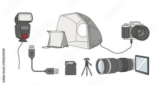Vector explore photography equipment setup including camera flash light tent usb tripod sd card and lens kit