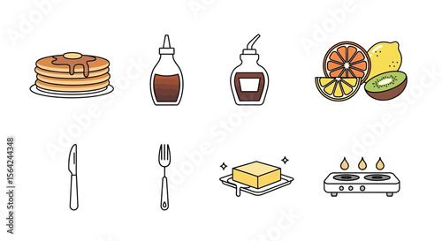 Vector delicious breakfast pancakes with syrup, butter, and fresh fruits vector illustration for food lovers