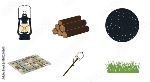 Vector camping essentials vector illustration featuring lantern logs starry night blanket marshmallow and grass 100 ch
