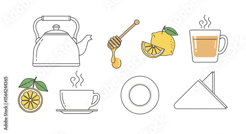 Vector tea time illustration with kettle, lemon, honey dipper and cup for tea preparation and serving set up