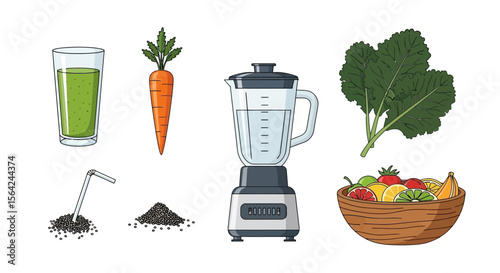 Vector healthy smoothie recipe illustration with blender fruits and vegetables for wellness concept art