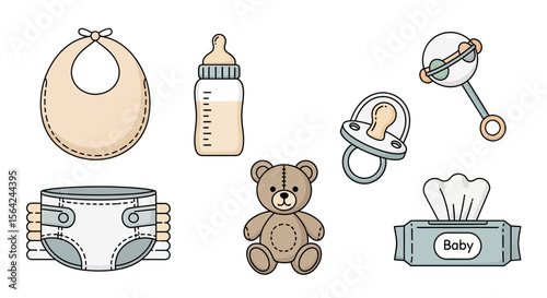 Vector baby essentials vector illustration featuring bib, bottle, diaper, teddy bear, rattle, wipes, pacifier