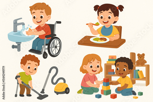 Children with Disabilities Self-Care Skills Vector Cartoon Set — Hygiene, Eating, Housekeeping