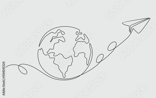 One continuous line drawing of Earth globe with paper airplane.