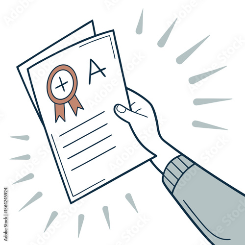 Hand holding a paper with an a grade and a seal of approval indicating excellent performance achievement