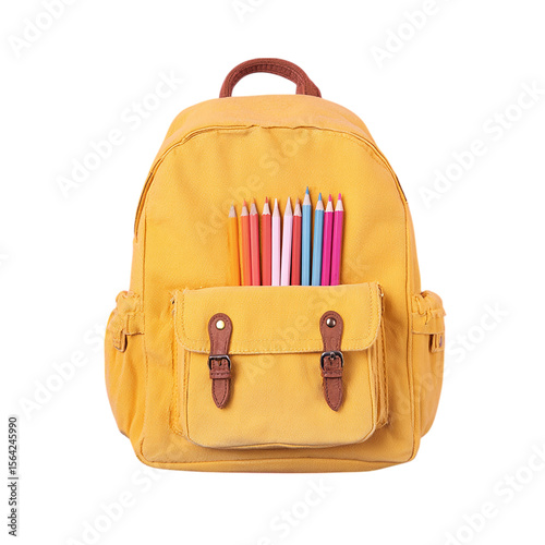 Yellow or pink Cute School Backpack with Pencils on transparent background