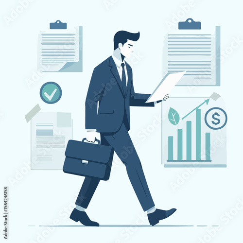 vector illustration of business people walking and looking at documents on white background