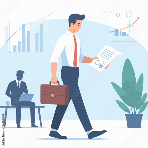 vector illustration of business people walking and looking at documents on white background
